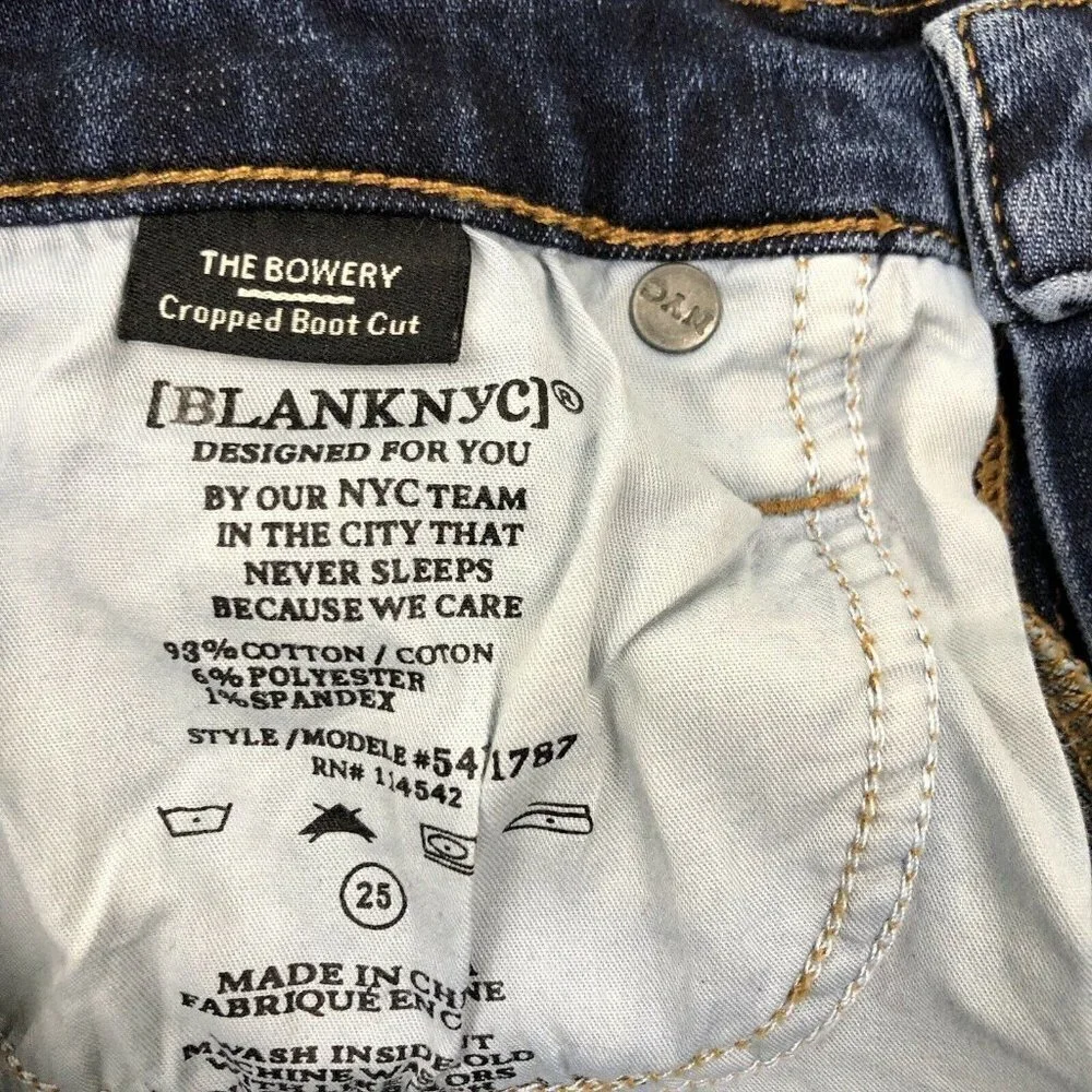 BlankNYC Dark Wash Distressed Raw Hem Bowery Cropped Boot Cut Jeans